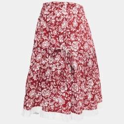 Pre Owned See by Chloe Red Floral Printed Cotton Lace Trimmed Mini Skirt S