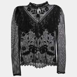 Pre Owned See by Chloe Black Embroidered Cotton Blend Ruffled Mesh Top M