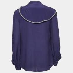 Pre Owned See by Chloe Dark Purple Crepe Ruffle Detail High Neck Long Sleeve Top M