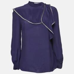 Pre Owned See by Chloe Dark Purple Crepe Ruffle Detail High Neck Long Sleeve Top M
