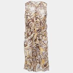 Pre Owned See by Chloe Brown/Yellow Tiger Print Silk Tie Waist Sleeveless Short Dress S