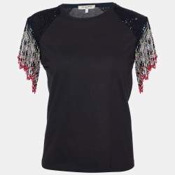 Pre Owned See by Chloe Black Beaded Tassels Sleeve Cotton Top 