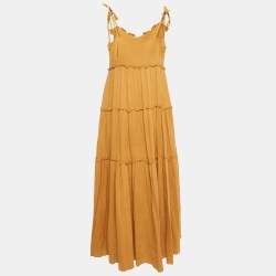 Pre Owned See by Chloe Yellow Floral Applique Cotton Tiered Maxi Dress M