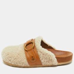 See by Chloe Cream Leather and Shearling Fur Mules Size 38