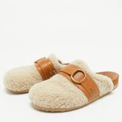 See by Chloe Cream Leather and Shearling Fur Mules Size 38