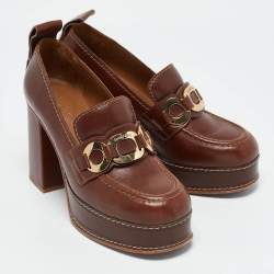 See by Chloe Brown Leather Platform Loafer Pumps Size 39