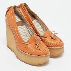 See by Chloe Orange Leather Bow Wedge Pumps Size 37