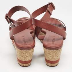 See by Chloe Red Leather Cork Wedge Platform Ankle Strap Sandals Size 39
