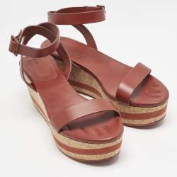 See by Chloe Red Leather Cork Wedge Platform Ankle Strap Sandals Size 39