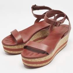See by Chloe Red Leather Cork Wedge Platform Ankle Strap Sandals Size 39