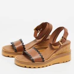 See by Chloe Brown Leather Cork Wedge Platform Ankle Strap Sandals Size 40