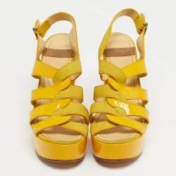 Pre Owned See by Chloe Yellow Patent Leather and Suede Strappy Platform Sandals Size 40