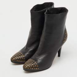Pre Owned See by Chloe Dark Grey Leather Studded Ankle Length Boots Size 38.5