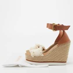 مملوكة مسبقًا See by Chloe Tan/White Leather And Canvas Glyn Wedge Espadrille Ankle Strap Sandals Size 40