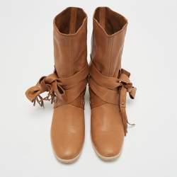 Pre Owned See by Chloe Beige Leather Ankle Strap  Boots Size 36