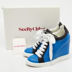 Pre Owned See by Chloe Blue Leather Wedge Sneakers Size 37.5