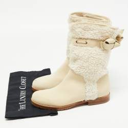 Pre Owned See by Chloe White Nubuck Leather and Fur Ankle Length Boots Size 37