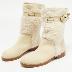 Pre Owned See by Chloe White Nubuck Leather and Fur Ankle Length Boots Size 37