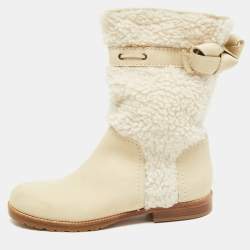Pre Owned See by Chloe White Nubuck Leather and Fur Ankle Length Boots Size 37