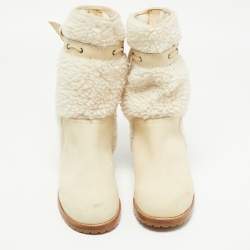 Pre Owned See by Chloe White Nubuck Leather and Fur Ankle Length Boots Size 37