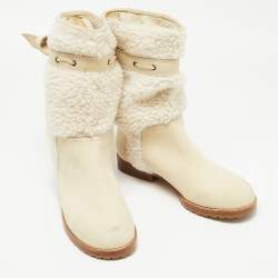 Pre Owned See by Chloe White Nubuck Leather and Fur Ankle Length Boots Size 37