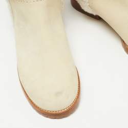 Pre Owned See by Chloe White Nubuck Leather and Fur Ankle Length Boots Size 37