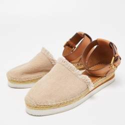 مملوكة مسبقًا See by Chloe Beige/Brown Leather and Fabric Ankle Strap Flat Espadrilles Size 40