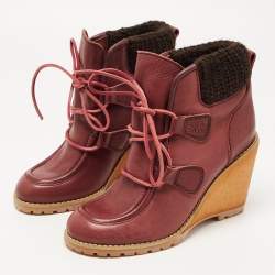 مملوكة مسبقًا See by Chloe Burgundy Leather Wedge Ankle Boots Size 37