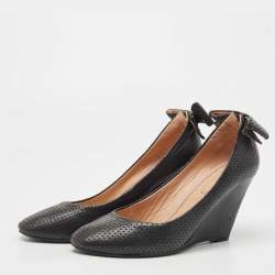 See by Chloe Black Perforated Leather Bow Wedge Pumps Size 38