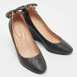 See by Chloe Black Perforated Leather Bow Wedge Pumps Size 38