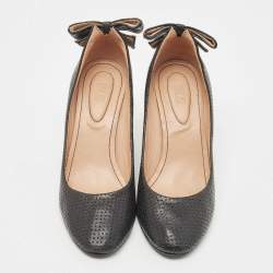 See by Chloe Black Perforated Leather Bow Wedge Pumps Size 38