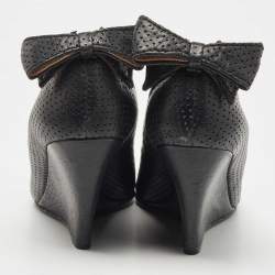 See by Chloe Black Perforated Leather Bow Wedge Pumps Size 38