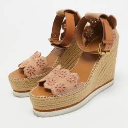 Pre Owned See by Chloe Pink/Beige Leather and Suede Wedge Espadrille Sandals Size 39