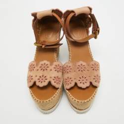 Pre Owned See by Chloe Pink/Beige Leather and Suede Wedge Espadrille Sandals Size 39