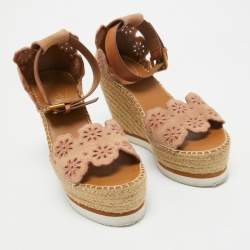 Pre Owned See by Chloe Pink/Beige Leather and Suede Wedge Espadrille Sandals Size 39