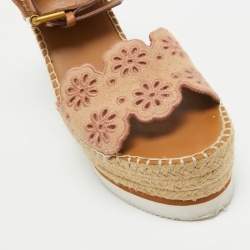 Pre Owned See by Chloe Pink/Beige Leather and Suede Wedge Espadrille Sandals Size 39