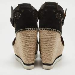 See by Chloe Black Suede and Leather Floral Lasercut Espadrille Wedge Sandals Size 40