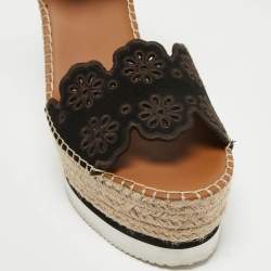 See by Chloe Black Suede and Leather Floral Lasercut Espadrille Wedge Sandals Size 40