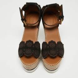 See by Chloe Black Suede and Leather Floral Lasercut Espadrille Wedge Sandals Size 40