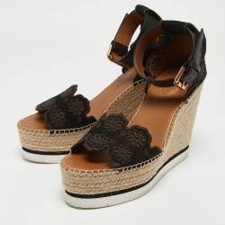 See by Chloe Black Suede and Leather Floral Lasercut Espadrille Wedge Sandals Size 40
