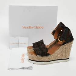 See by Chloe Black Suede and Leather Floral Lasercut Espadrille Wedge Sandals Size 40