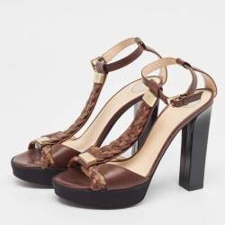 See by Chloe Brown/Black Canvas and Leather Ankle Strap Sandals Size 38