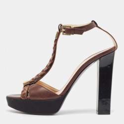 See by Chloe Brown/Black Canvas and Leather Ankle Strap Sandals Size 38