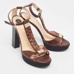 See by Chloe Brown/Black Canvas and Leather Ankle Strap Sandals Size 38