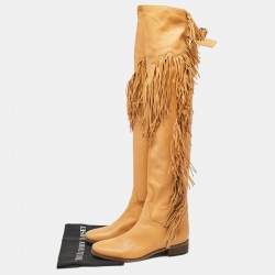 See by Chloe Brown Leather Fringe Details Over The Knee Length Boots Size 39