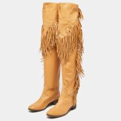 See by Chloe Brown Leather Fringe Details Over The Knee Length Boots Size 39