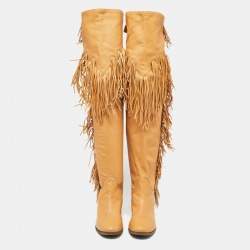 See by Chloe Brown Leather Fringe Details Over The Knee Length Boots Size 39