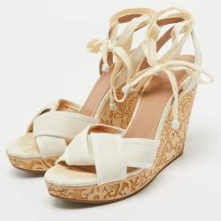 See by Chloe White Canvas Wedges Platform Ankle Wrap Sandals Size 39