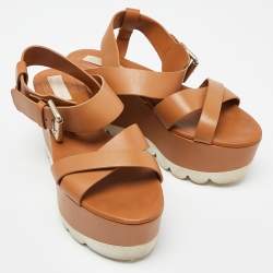 See by Chloe Brown Leather  Wedge Platform Ankle Strap Sandals Size 37