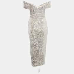 Pre Owned Self-Portrait Silver Sequin Off-Shoulder Wrap Midi Dress S